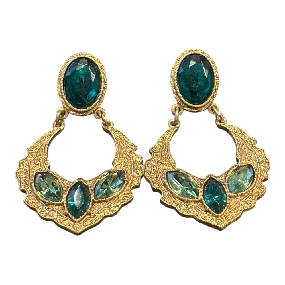 1928 Jewelry Textured Gold Plate Green Rhinestones Vintage 90s doorknockers JB7 - Picture 3 of 4